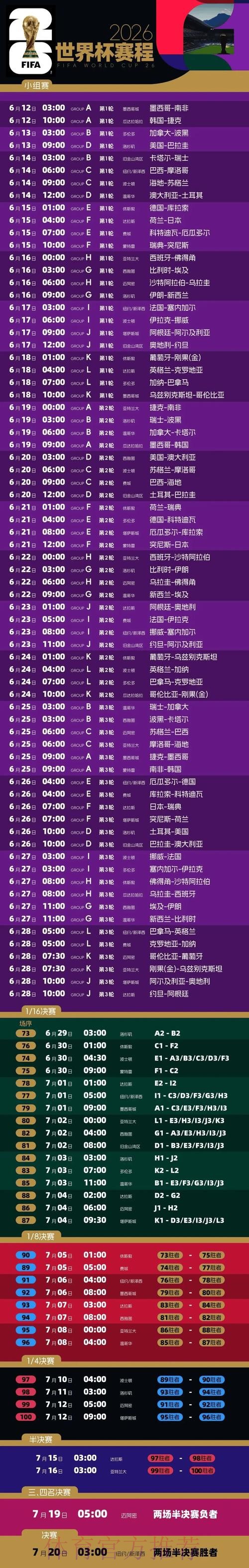 2026世界杯完整赛程详细安排全程直播官网入口 2026世界杯完整赛程详细安排全程直播官网入口
